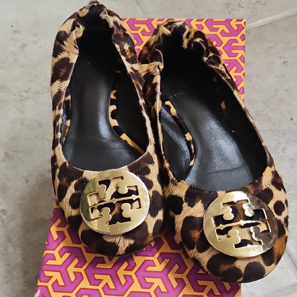 Tory Burch Leopard Flats with Gold Emblem